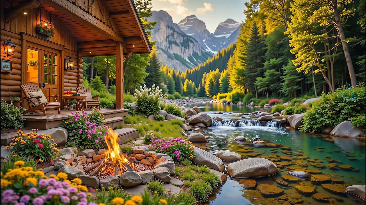 Relaxing Riverside Cabin with Spring Piano Music 🌺🌿 Flowing River, Campfire and Birdsong