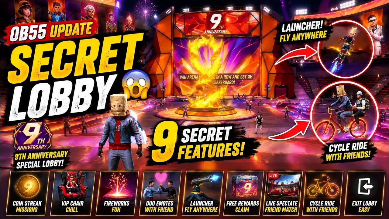 😱 Free Fire OB55 New Secret Lobby! 9 Hidden Features You Didn't Know (9th Anniversary)