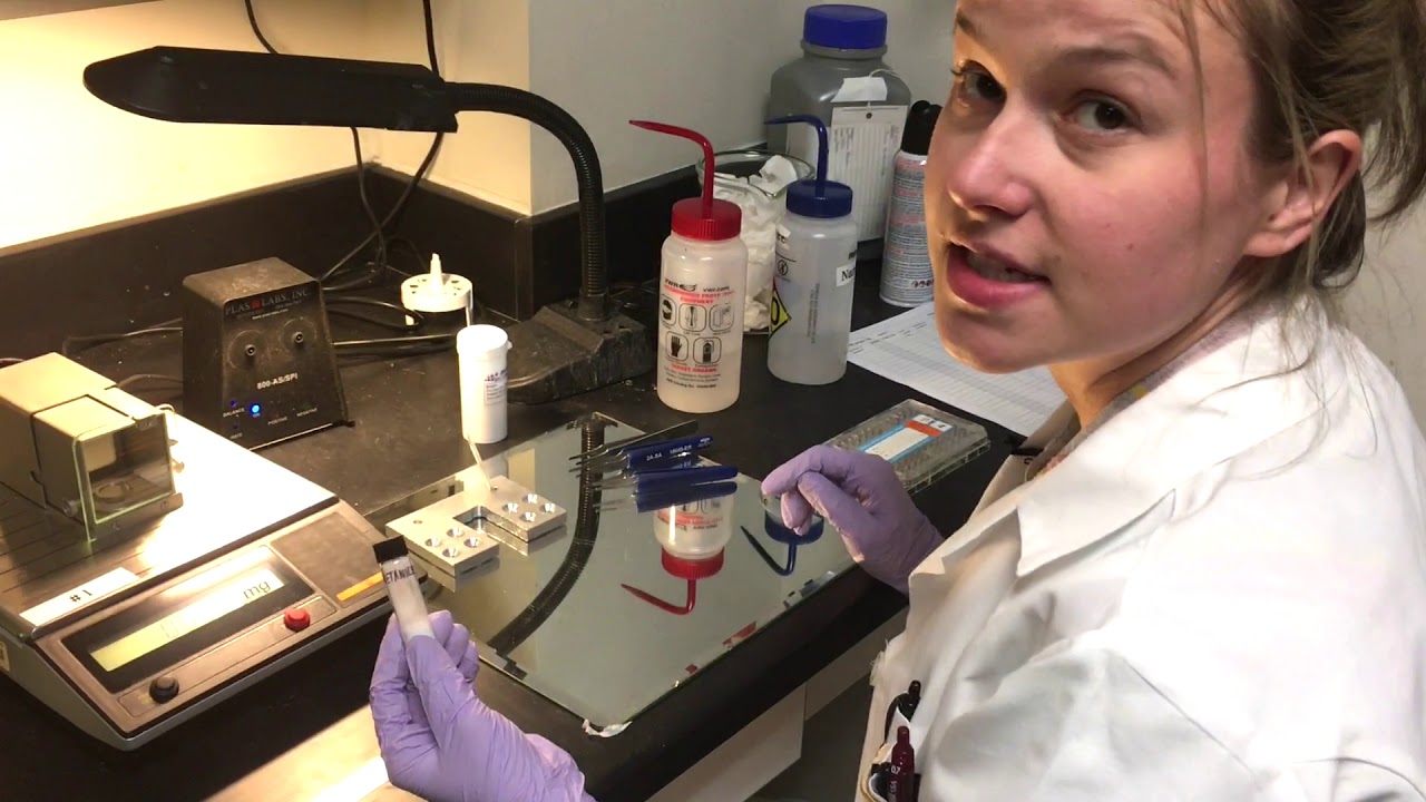 Sarah shows sample preparation for CHN (Microbalance silver and tin weighing caps procedure)