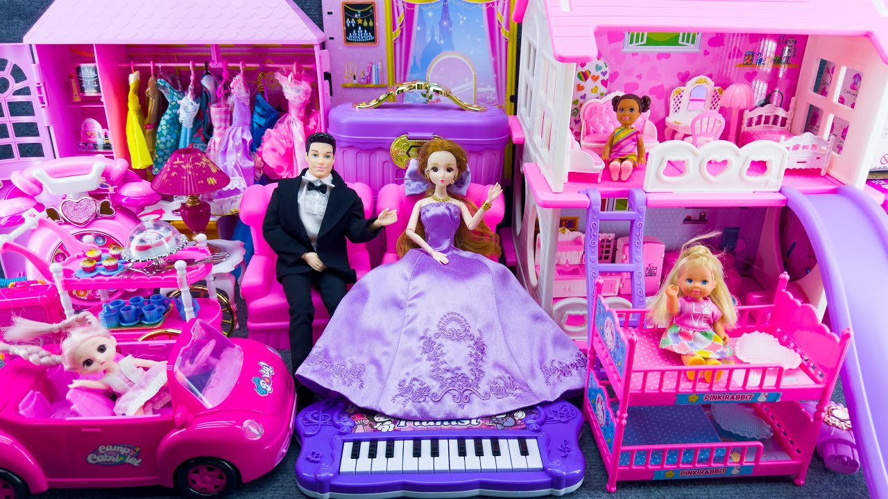 16 Minutes Satisfying Unboxing Pink Princess Doll House Slide Bed Collection Review Toys ASMR