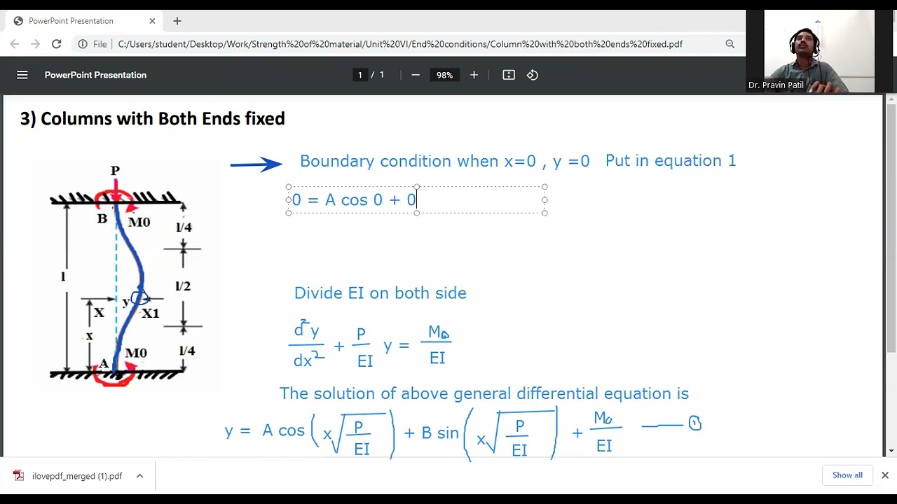 Derivation of Euler's crippling load when Columns with Both Ends fixed/ Colum and strut