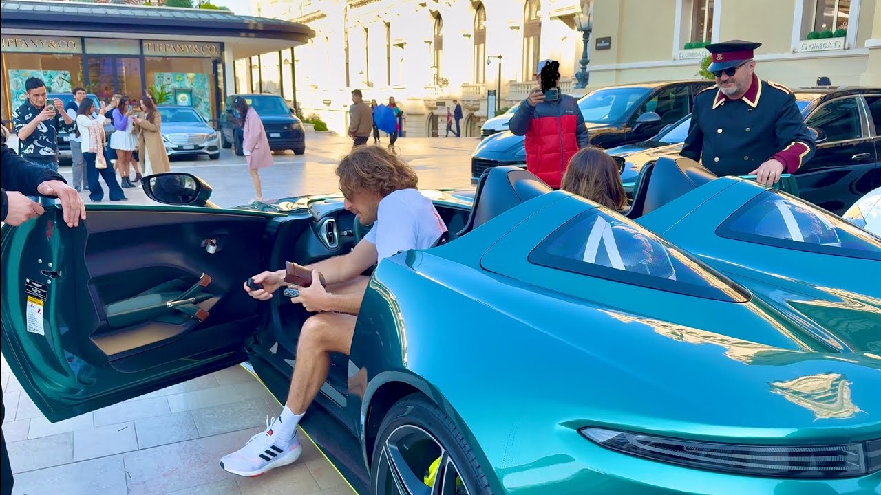 Stéfanos Tsitsipás arriving at the Monte Carlo Casino in green Aston Martin Speedster V12
