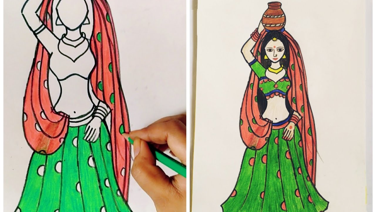 Beautiful Indian village girl drawing. Village girl carrying water pot scene.