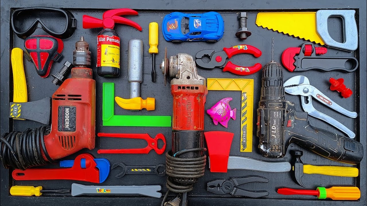 Collection of Repair Tools, Electric Drill, Electric Saw, Hammer With Wriench, Pliers, Hacksaw