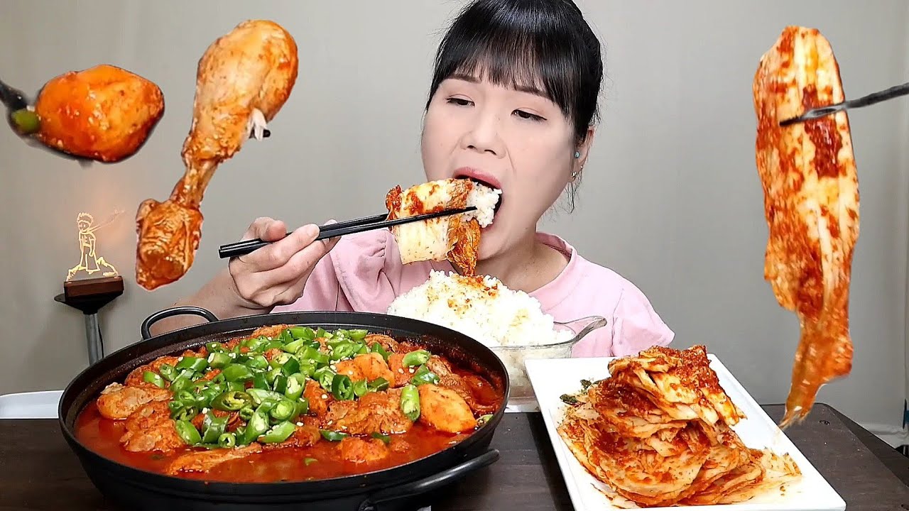 мукбанг, пряный, кимчи, курица, ASMR.