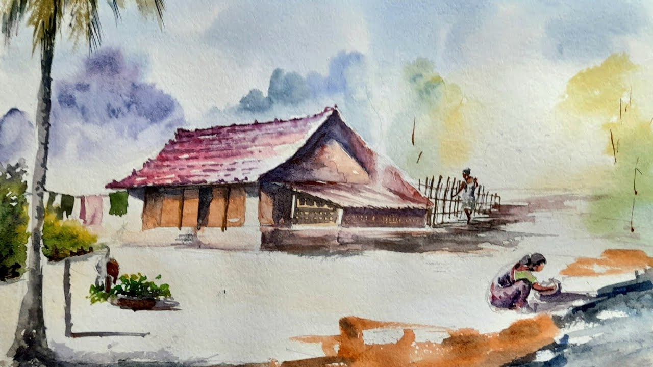 VILLAGE SCENARY DRAWING BY WATERCOLOUR 