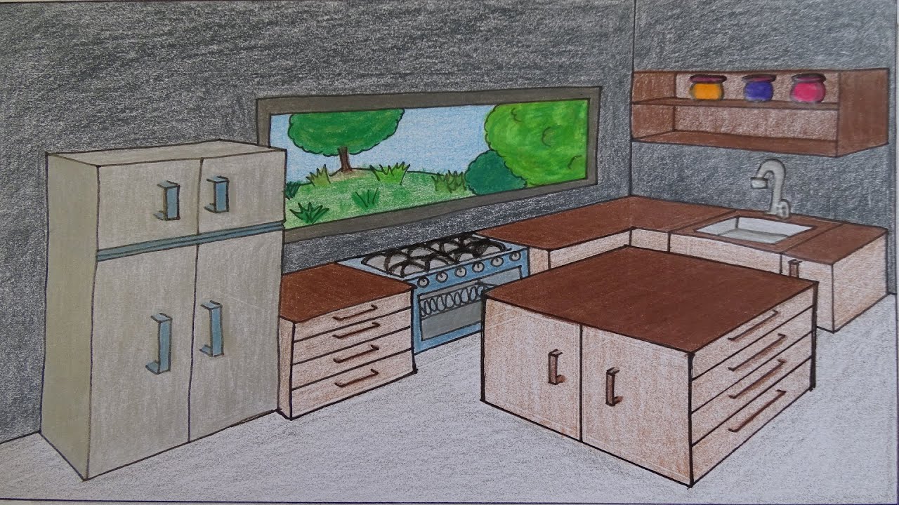 Perspectiva com 2 Pontos de Fuga - Cozinha - Bancada/Fogão/Geladeira - Cenário Interno (vídeo 8)
