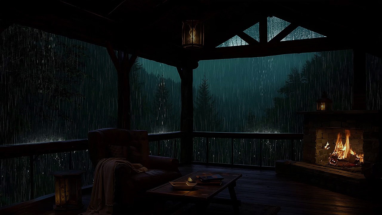 Calm Night Rain in a Dark Forest Cabin, Blended with Relaxing Fireplace Sounds