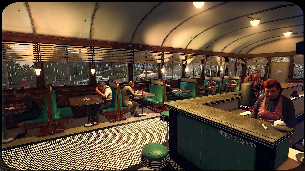 1951 Evening at Empire Diner in Highbrook | Mafia 2 Ambience (vintage oldies, chatter, rain) ASMR