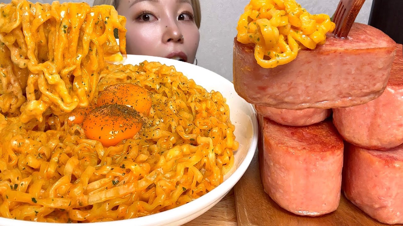 【チーズたっぷりブルダックカルボとスパム】ASMR 日本語字幕