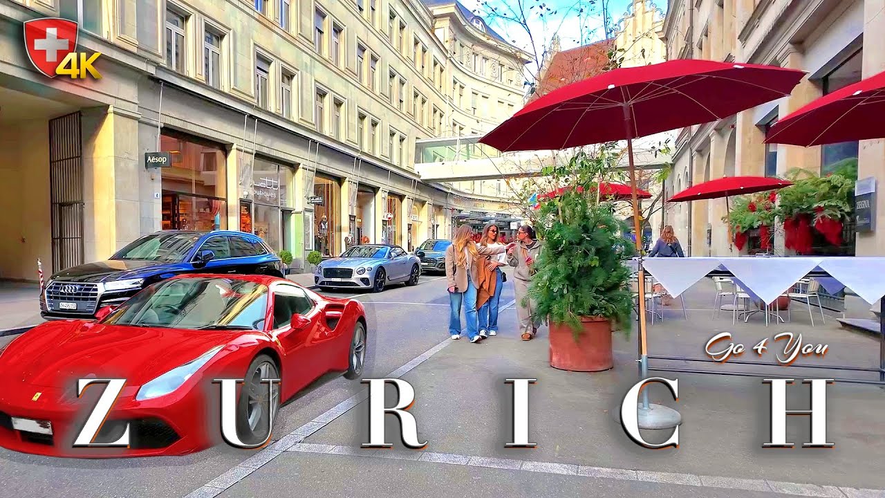 Switzerland Zurich 🇨🇭 Walking Tour 4K Bahnhofstrasse Super Cars / Ambient Sound