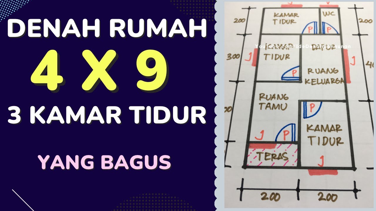 Denah Rumah 4x9 3 Kamar Tidur 1 lantai Yang Bagus