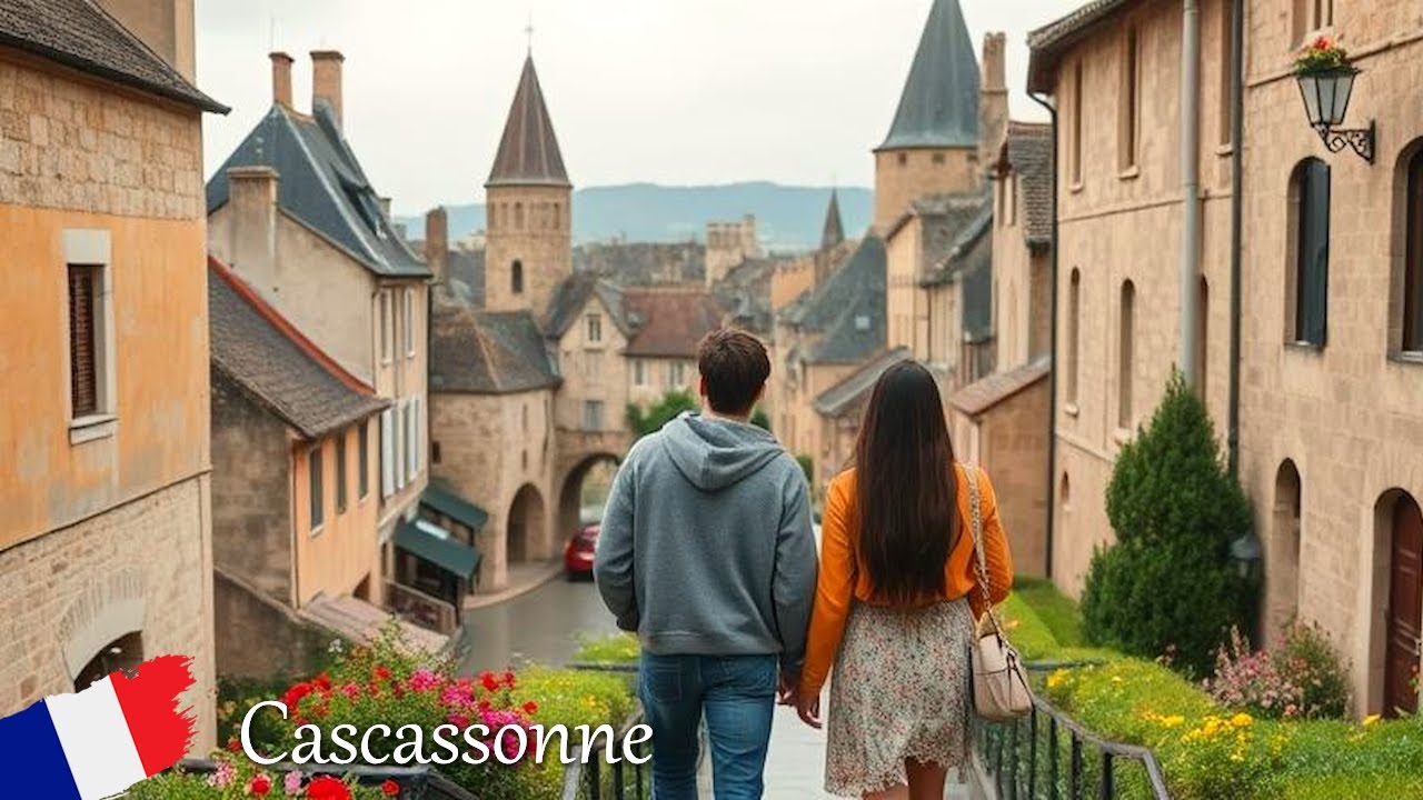Carcassonne, Pont Vieux to Medieval Citadel & Château Comtal, Rain Walk, Occitanie France 4K UHD