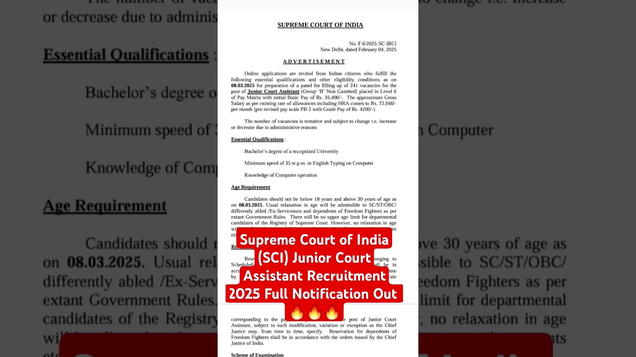 Supreme Court of India (SCI) Junior Court Assistant Recruitment 2025 Full Notification Out 🔥🔥|| #sci