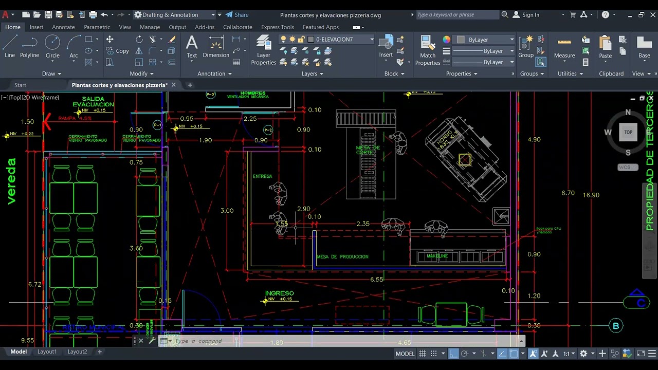 Planos arquitectónicos de una pizzería, en autocad.