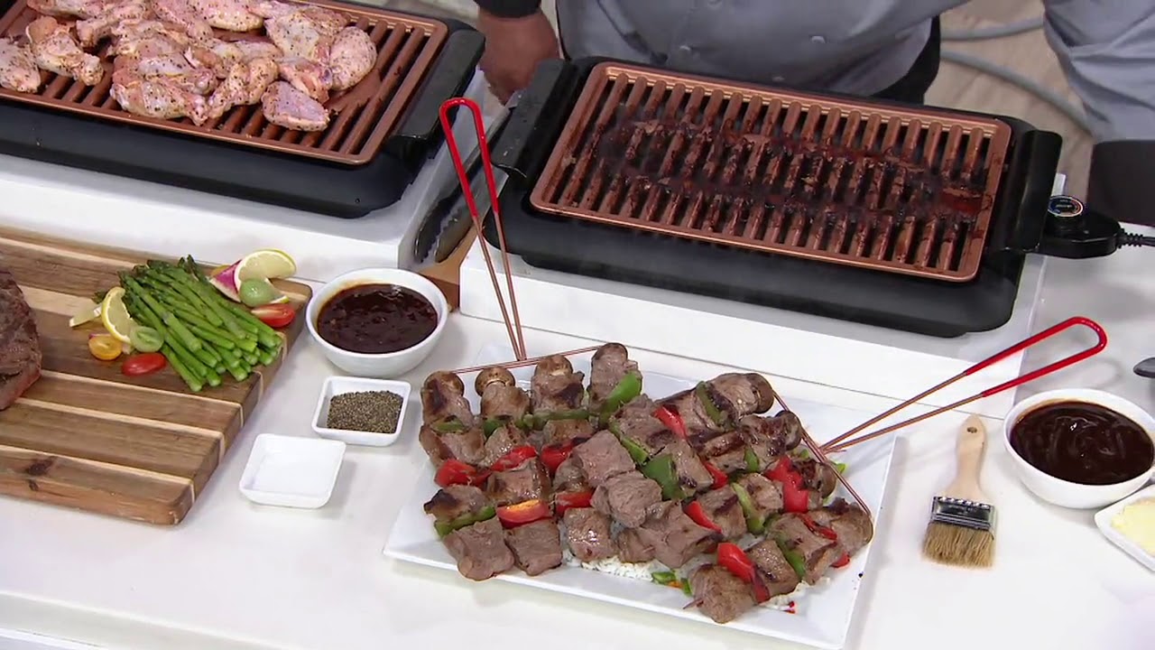 Gotham Steel 1000W Deluxe XL Smoke-less Grill with Quad Kabob on QVC