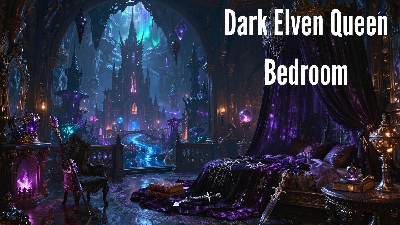 Dark Elven Bedroom - Ambient Fireplace - Soft River -  Wind  Sound