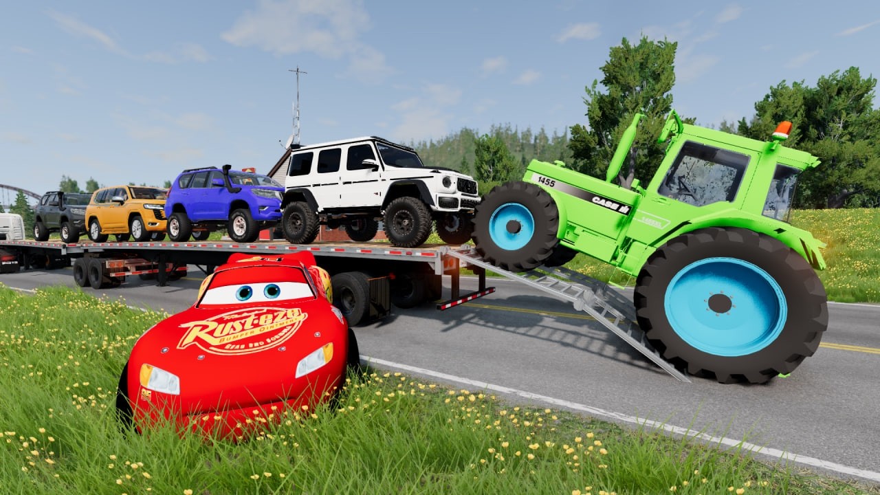 Flatbed Trailer McQueen Transportation with Truck - Speedbumps vs Cars vs Train - BeamNG.Drive