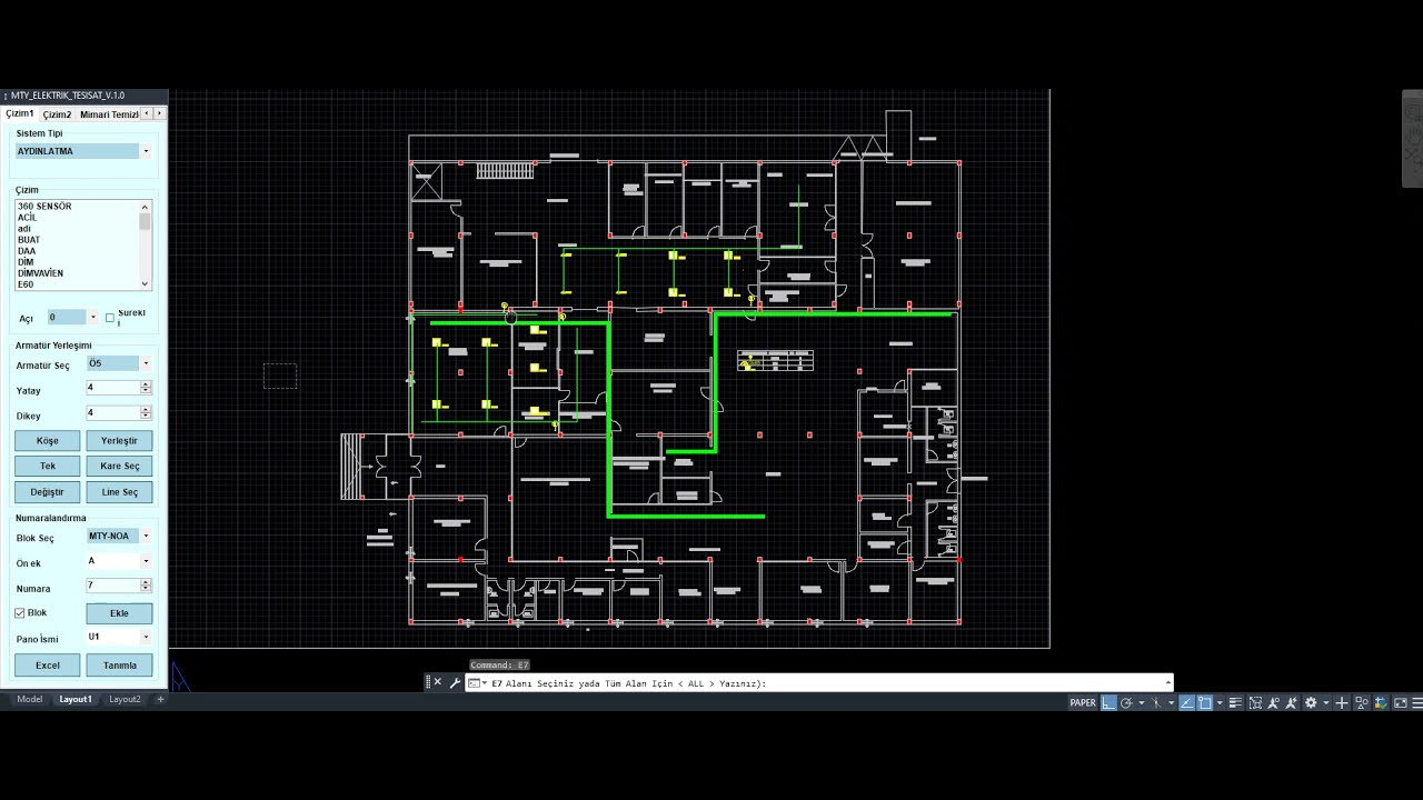MTYCAD ELEKTRIK TESİSATI ÇİZİMİ ARMATÜR YERLEŞİMİ VE YÜK CETVELİ.