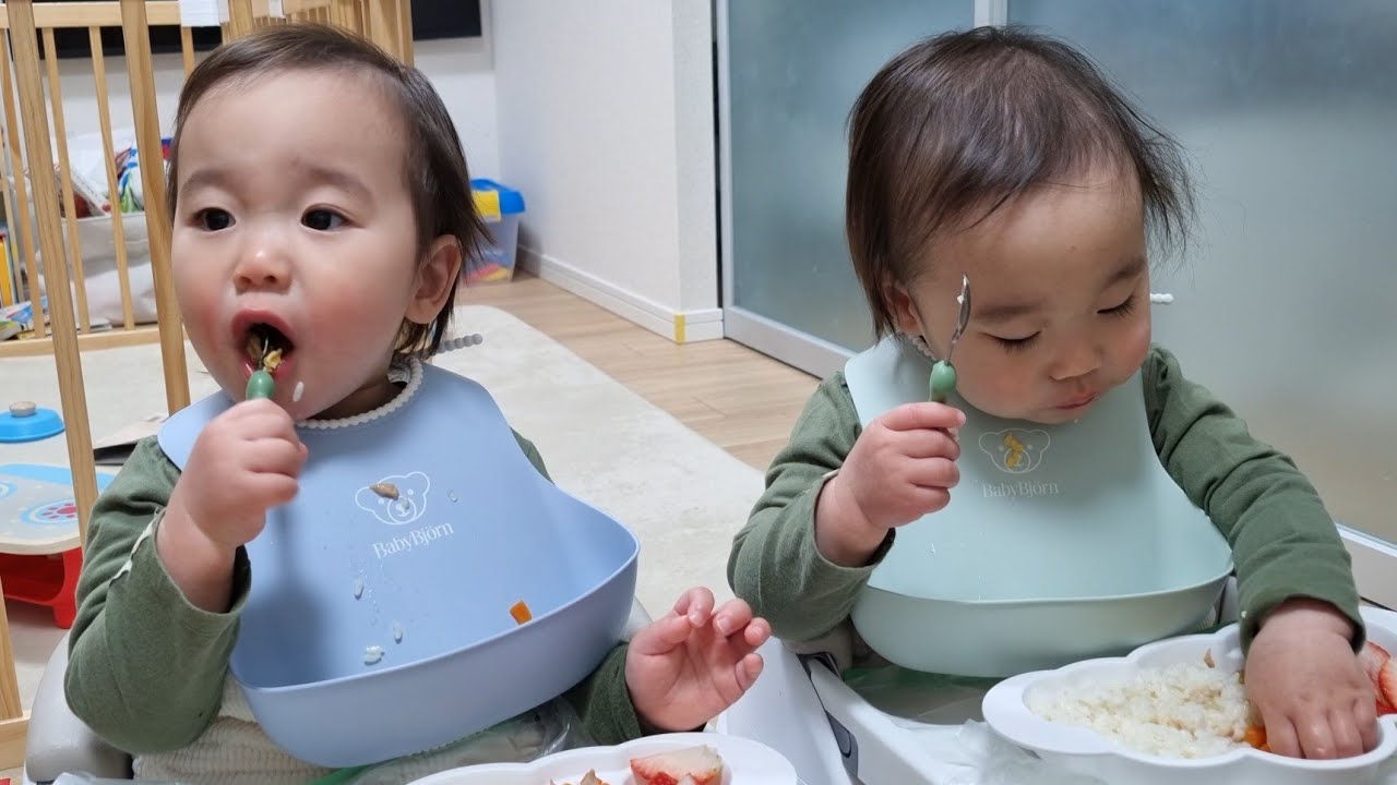 🍚スプーン食べVS手づかみ食べな大食い双子（1歳4ヶ月/離乳食完了期）