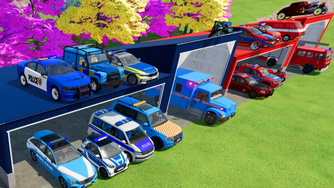 TRANSPORTING CARS, AMBULANCE, POLICE CARS, FIRE TRUCK OF COLORS! WITH TRUCKS! - FS 22