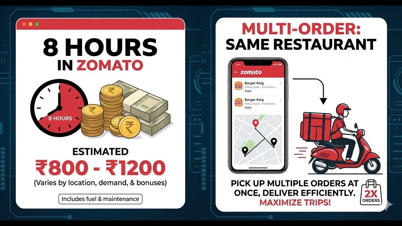 This is video is how much we earn by working 8 hours in zomato nd how to deliver multi order.