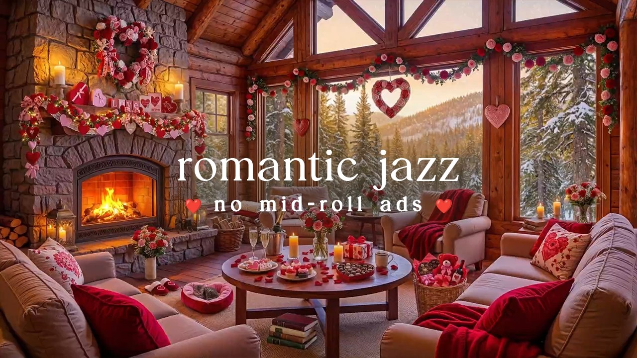 💘 Romantic Valentine Jazz (NO MID-ROLL ADS) &ndash; Cozy & Warm Fireplace Ambience