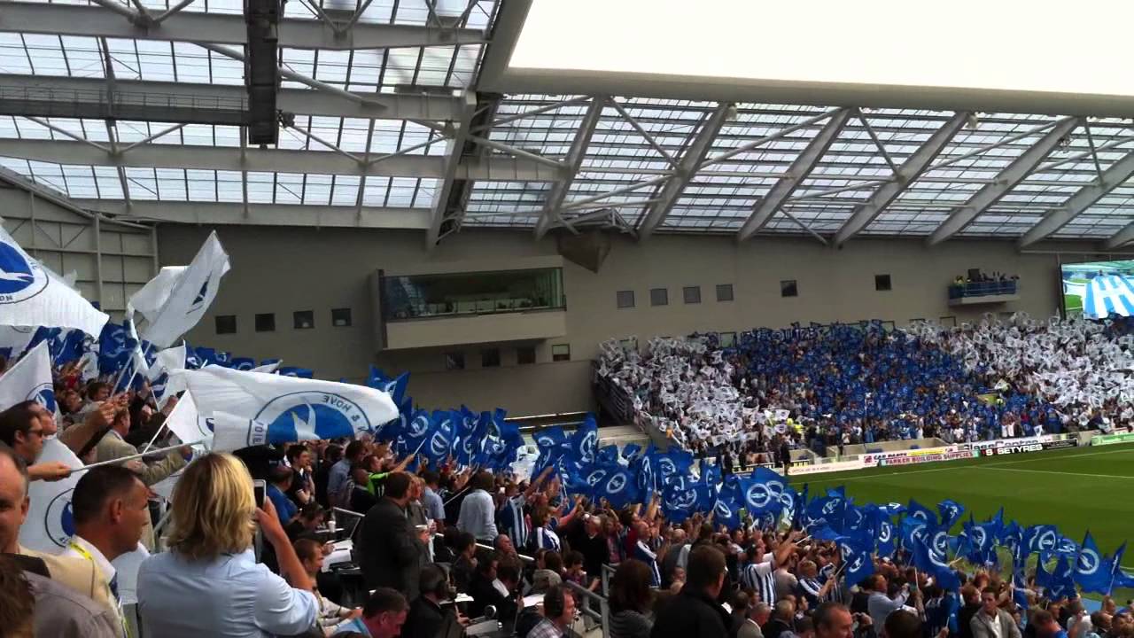 Brighton & Hove Albion first match at new Amex stadium pre match atmosphere with Seagulls supporters, Mark Lawrenson & Robbie Savage
