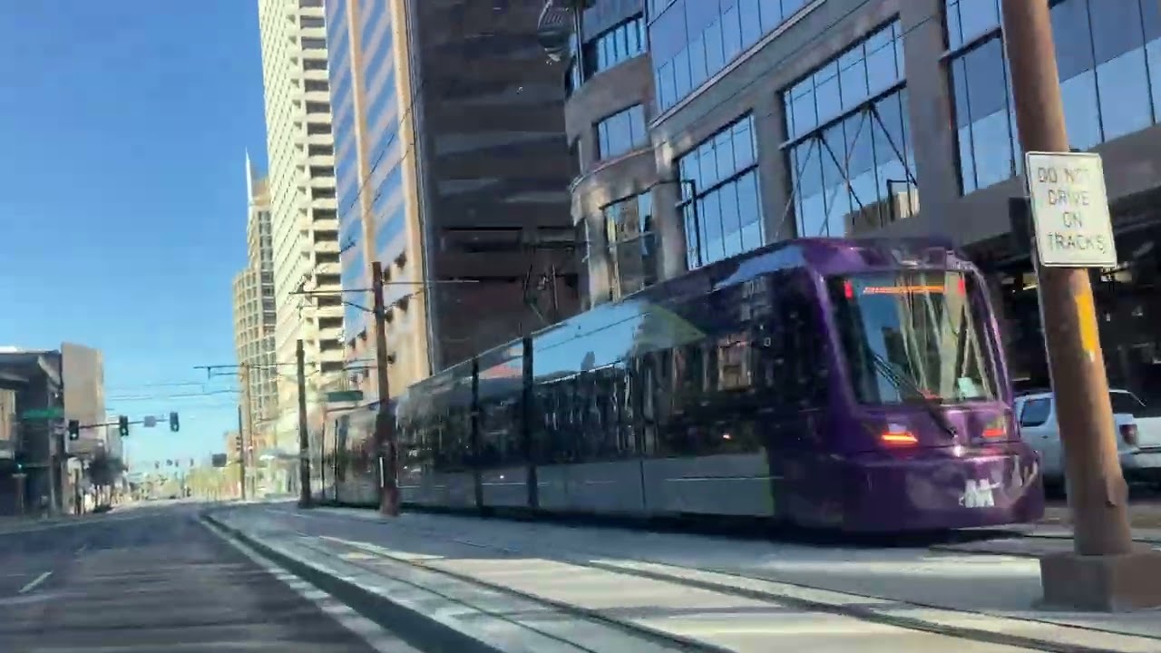 Driving by a Light Rail tram at Central Ave at downtown Phoenix