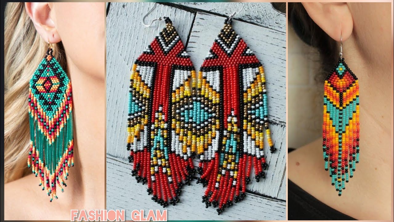 New Native American Fringe Beaded Long Hoop Earrings Pattern/Tribal Beads Earrings
