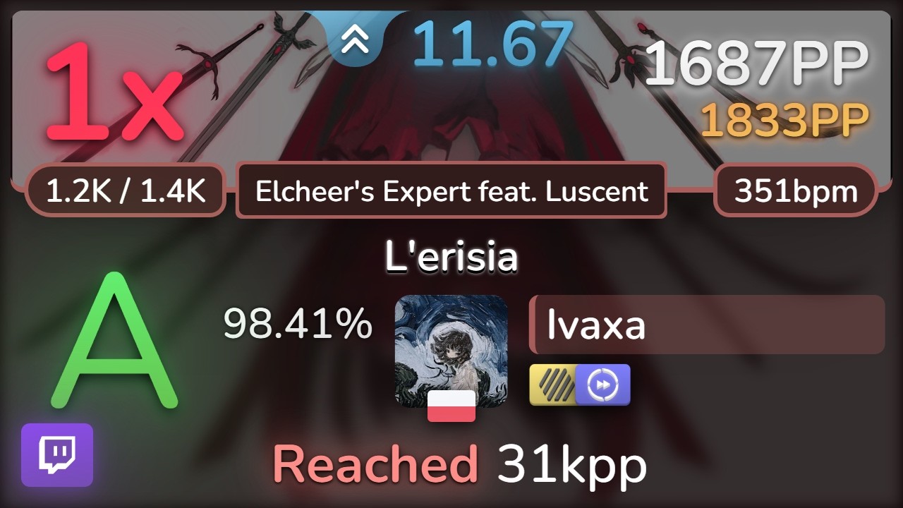 🔴 11.7⭐ Ivaxa | Zektbach - L'erisia [Elcheer's Expert feat. Luscent] +HDDT 98.41% | 1687pp 1❌ - osu!