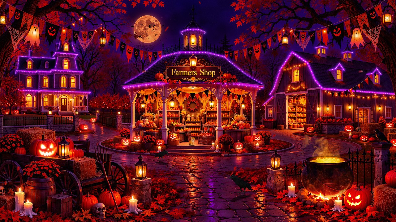 Where Pumpkins Glow at a Halloween Farmers Market🎃 Warm Jazz & Falling Leaves for Spooky Fall Nights