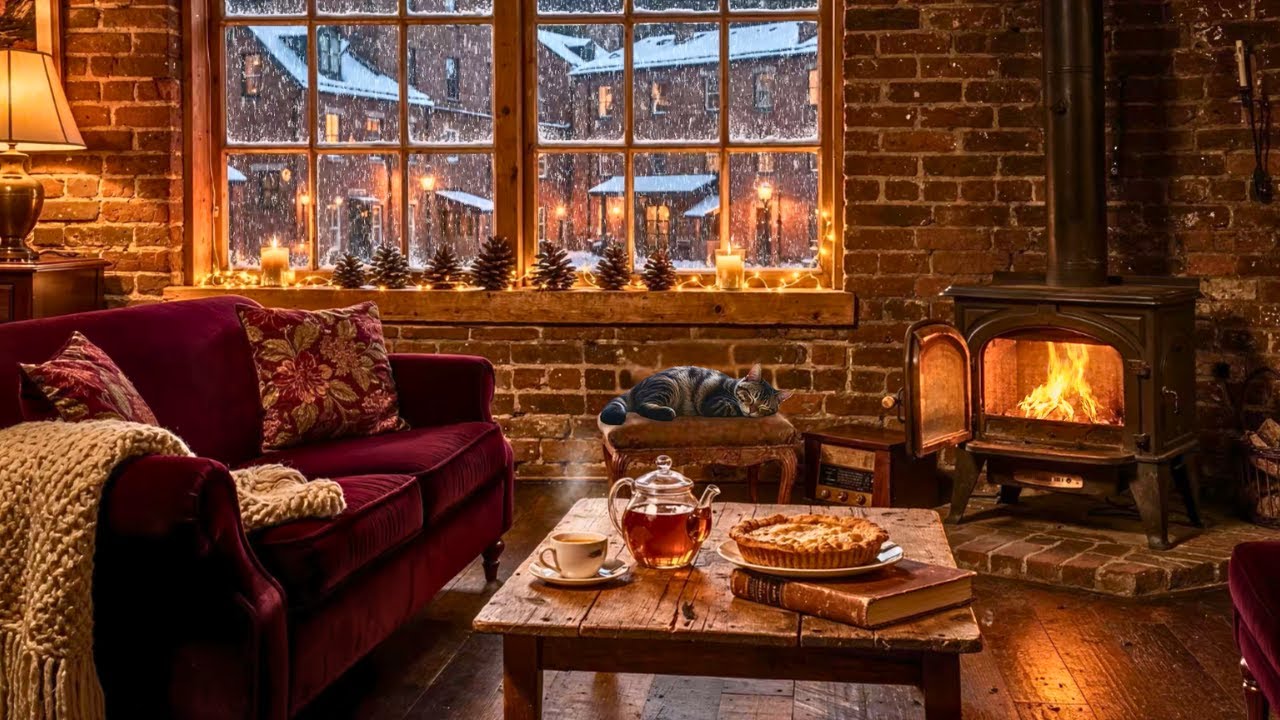 Peaceful 1950s Winter Evening ❄️ Oldies Playing Softly in Another Room | Vintage Fireplace Crackle