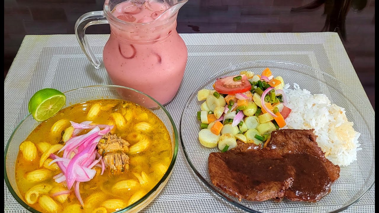 ALMUERZO🇪🇨 COMPLETO Sopa de atún, Cerdo en salsa de tamarindo y ensalada de verduras, Quaker crudo 🍓