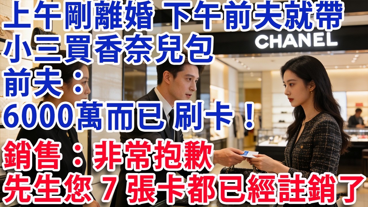 【满分爽文】上午剛離婚 下午前夫就帶小三買香奈兒高端包 前夫：6000萬而已 刷卡！ 銷售：非常抱歉 先生您7張卡都已經註銷了！#婆媳 #家庭 #老年生活