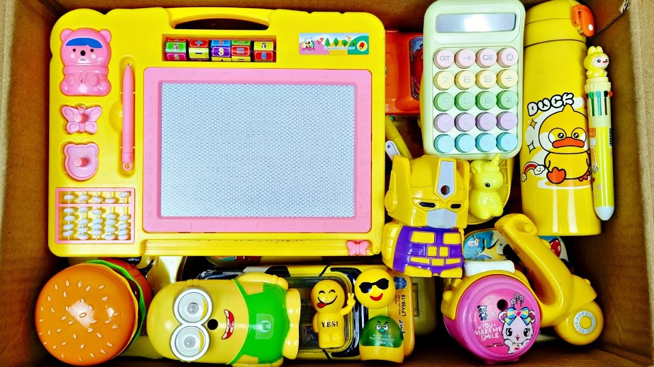 Amazing yellow school supplies - calculator, Water Bottle, Pencil Box, Sharpener, Notebook, Ruler