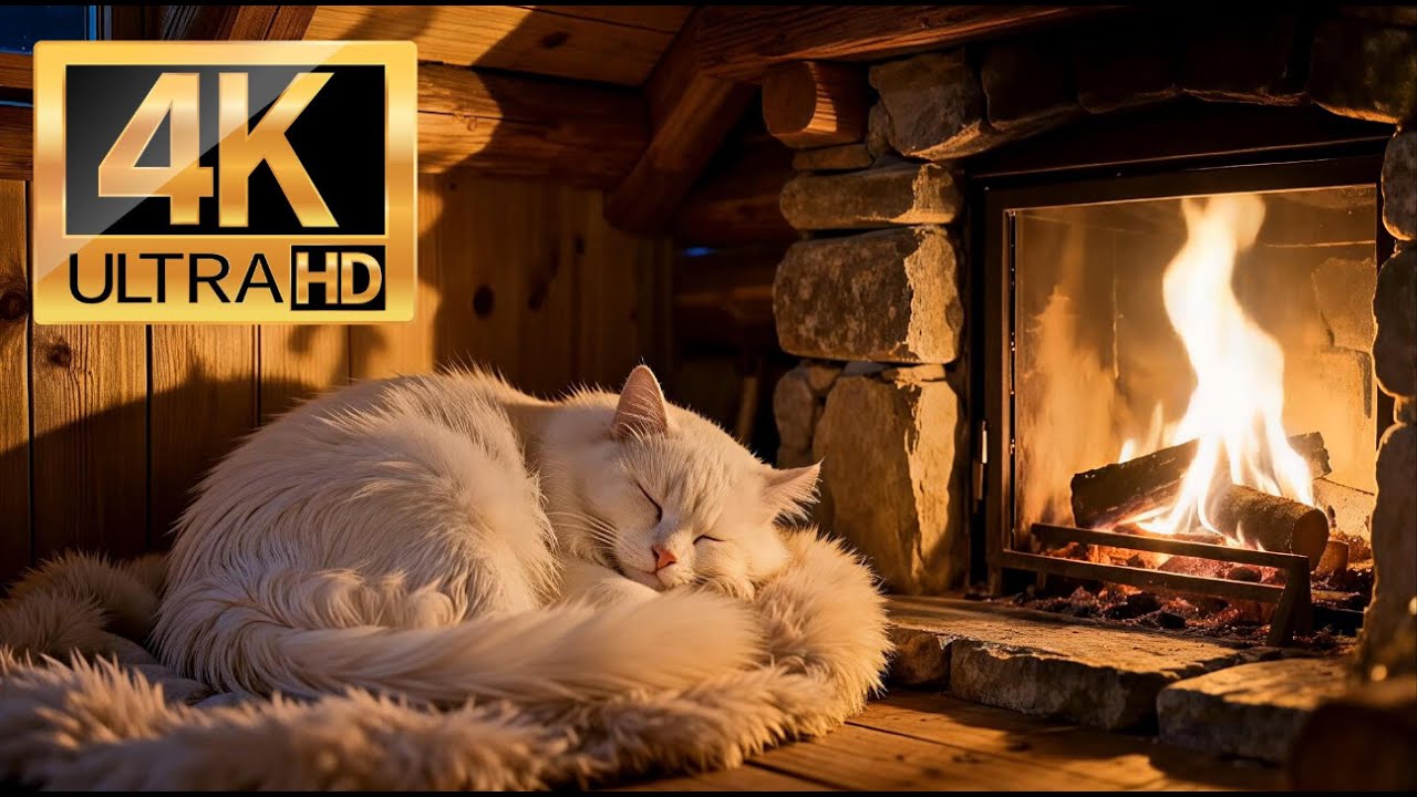 🐱 Кот спит у камина в глубокой ночи | Уютная деревянная хижина и магическая атмосфера | 4K
