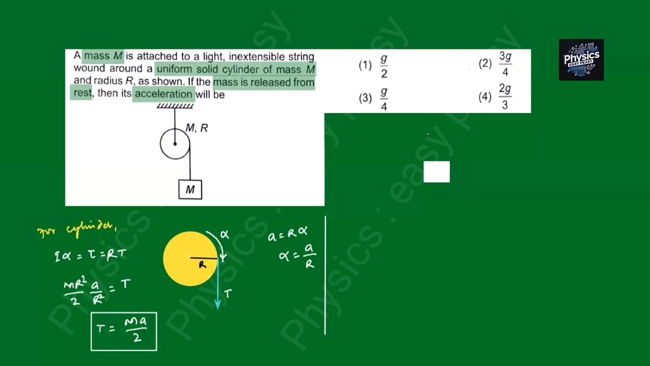 A mass M is attached to a light inextensible string wound around a uniform solid cylinde| #NEET #JEE