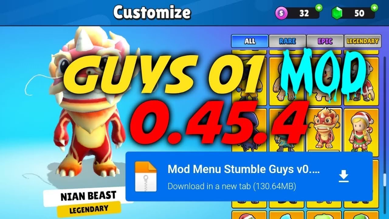 0.45.4 GUYS 01 GAMING MOD MENU | STUMBLE GUYS MOD MENU APK 0.45.4 | ALL EMOTES AND SKINS WORKS Mod