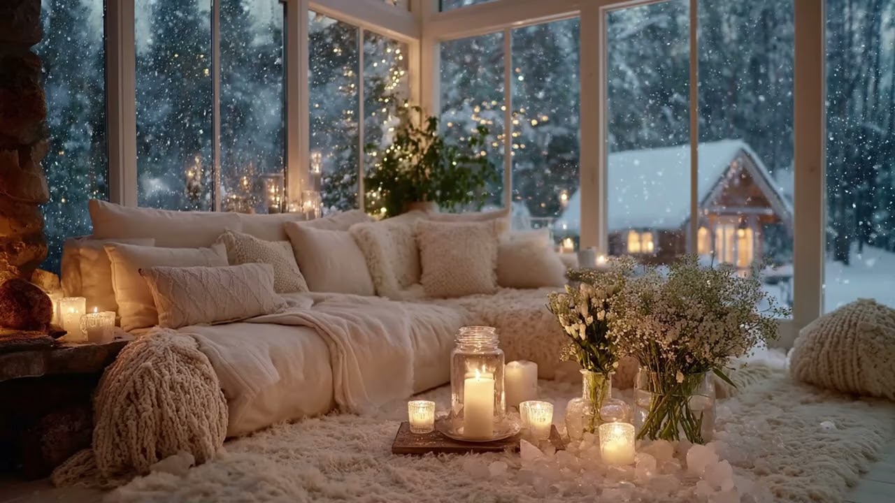 🤍🌸 Cozy White Lounge Piano | Candles Flowers & Snowfall (3 Hours) | Sleep Relax Stress Relief Focus