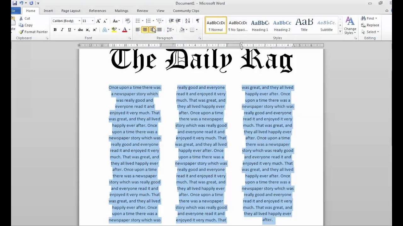 Newspaper article using columns in Word 2014