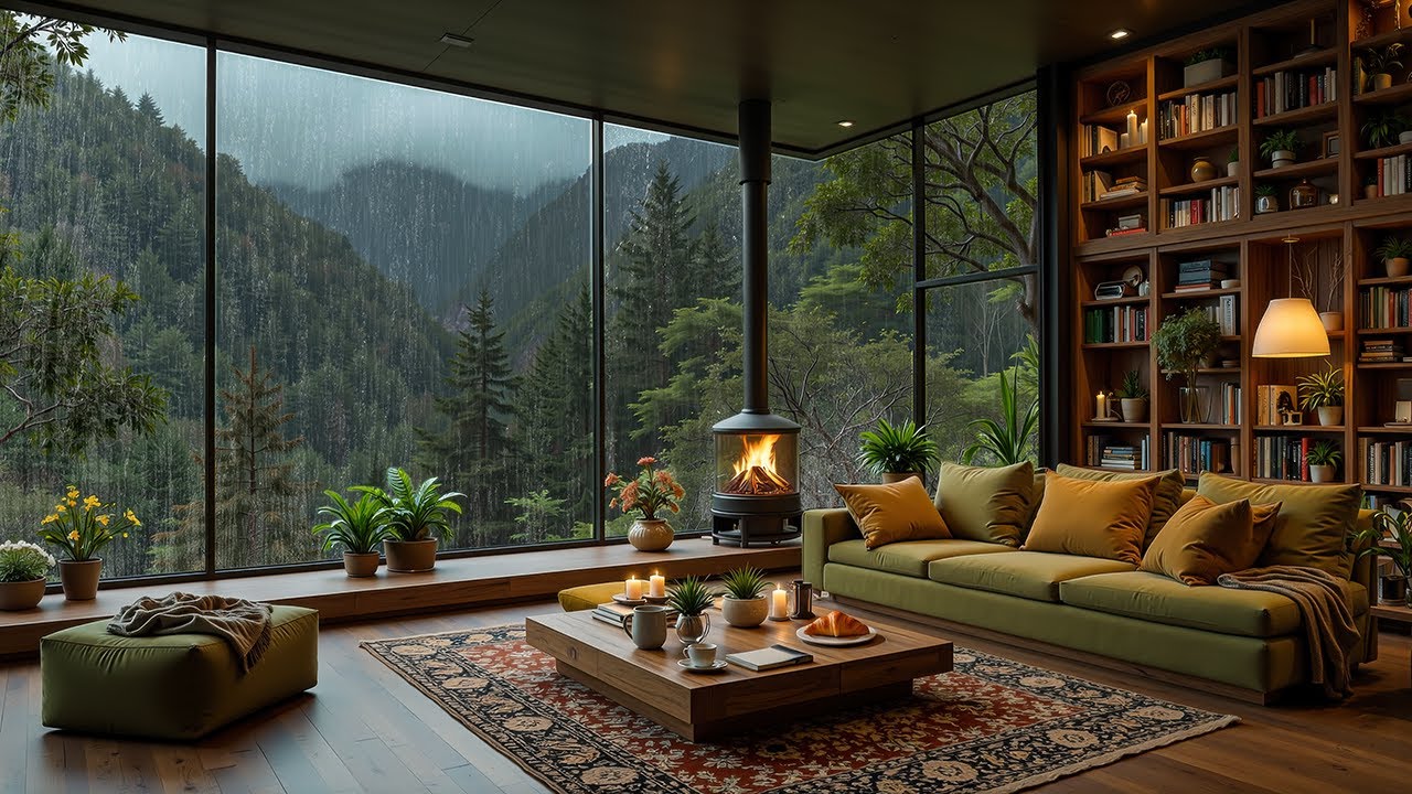 Cozy Reading Cabin Jazz 🌧️ Rainy Window, Soft Fireplace Jazz for Study & Relaxation
