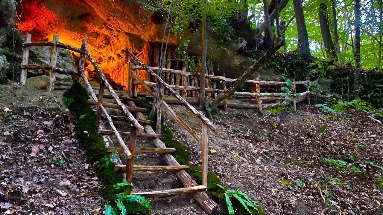 Super Shelter Building Under the Rock, Camping in Heavy Rain-Thunder,  Bushcraft, Underground House