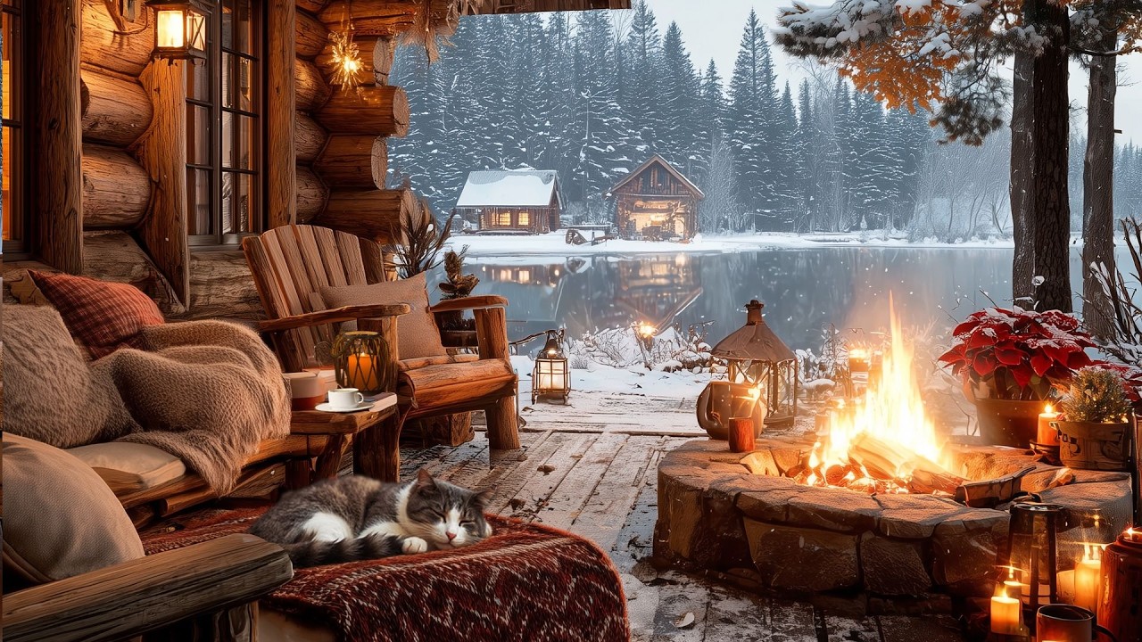 Soothing Fire Sounds & Winter Snow | Cozy Wooden Porch Ambience for Calm & Peaceful Relaxation