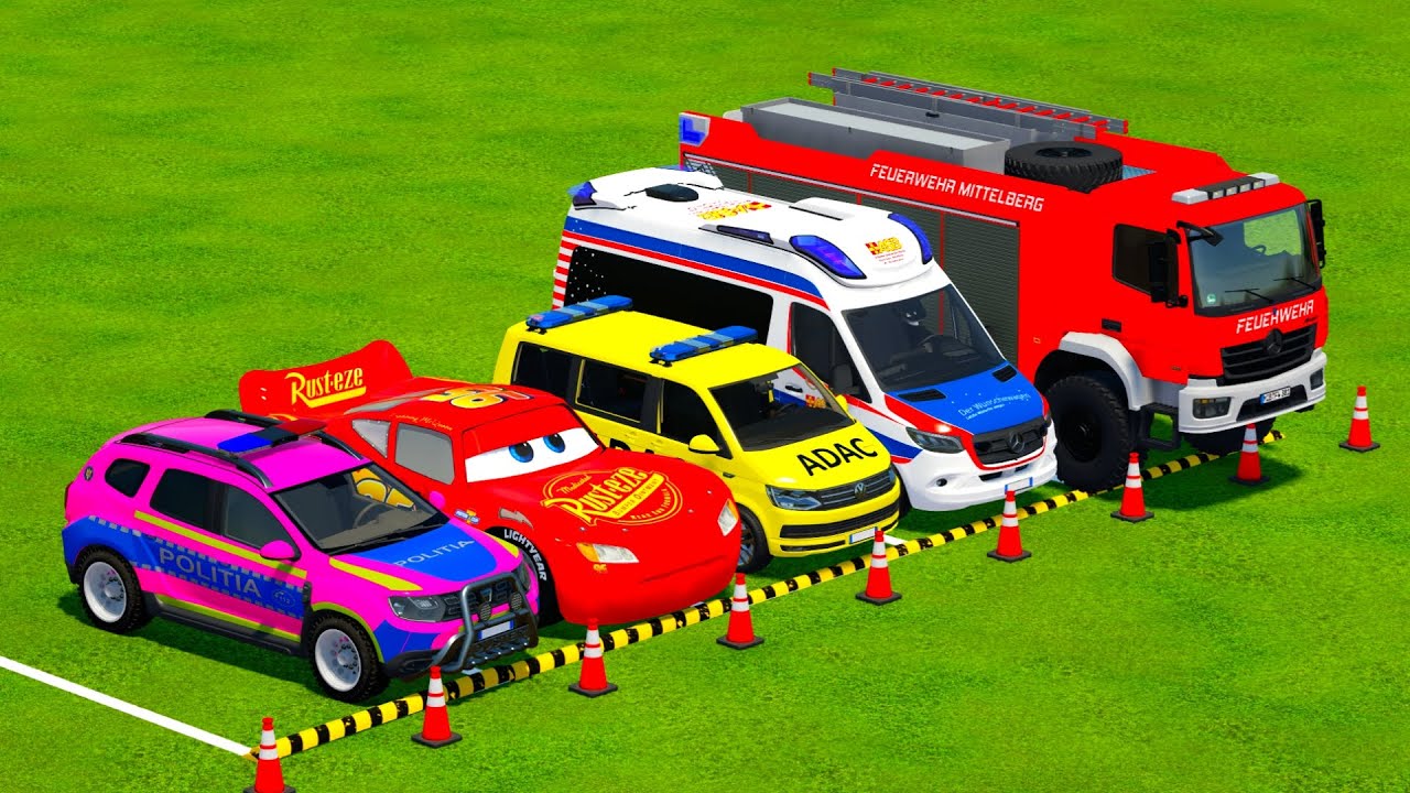 DACIA, MCQUEEN CAR سيارة ماكوين FORD POLICE CARS, AMBULANCE EMERGENCY TRANSPORTING WITH TRUCKS! FS22