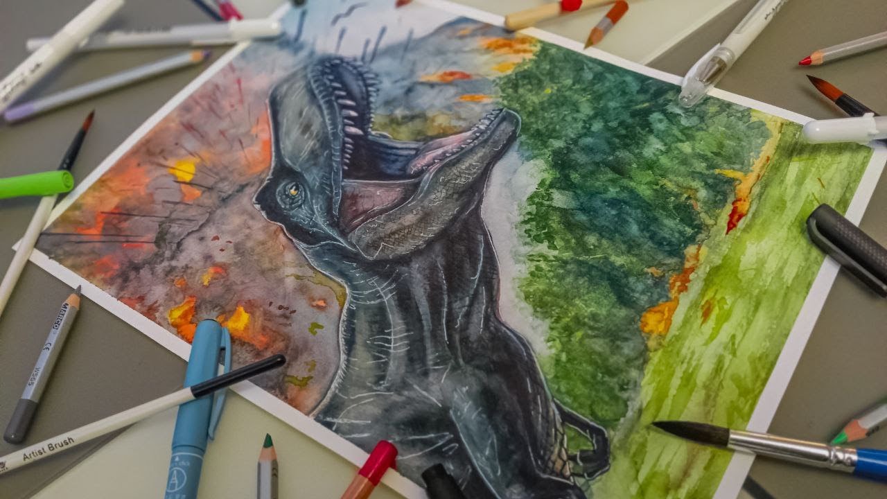 DRAW T-REX from the JURASSIC WORLD by WATERCOLOR !