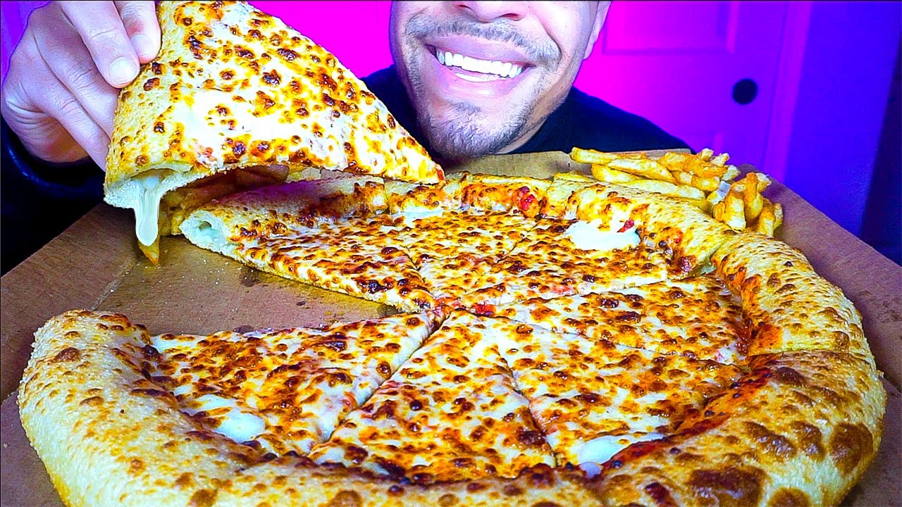 ASMR PIZZA HUT MUKBANG EATING WHOLE STUFFED CRUST EXTRA CHEESE PIZZA *BIG BITES* CHALLENGE EATING