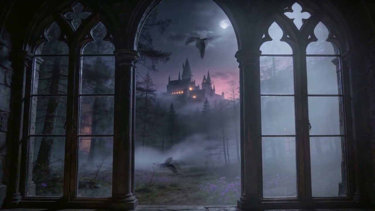 🏰Harry Potter Window Ambience| Foggy Night at Hogwarts| Wind & Bats Ambience| Fantasy Window Sleep