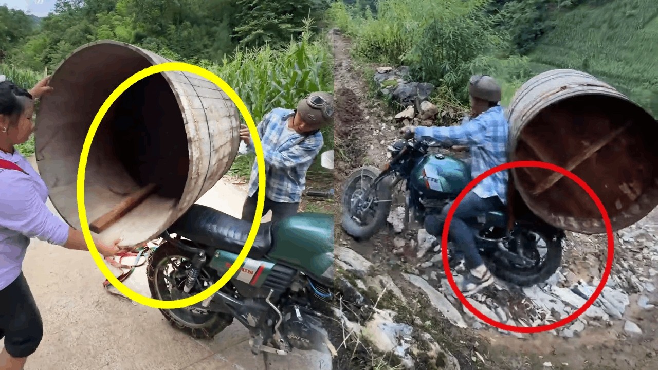 A young man helped a beautiful woman carry a huge wooden barrel up the mountain on his motorcycle.