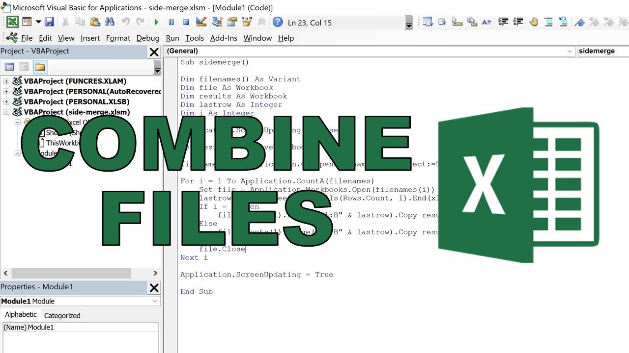 Combine files side by side in excel using VBA